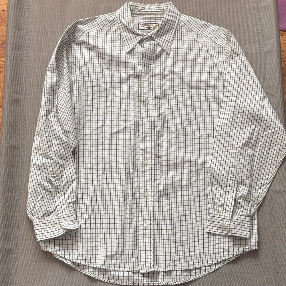 Caribbean Joe White and Black Plaid Casual Shirt sz L EUC